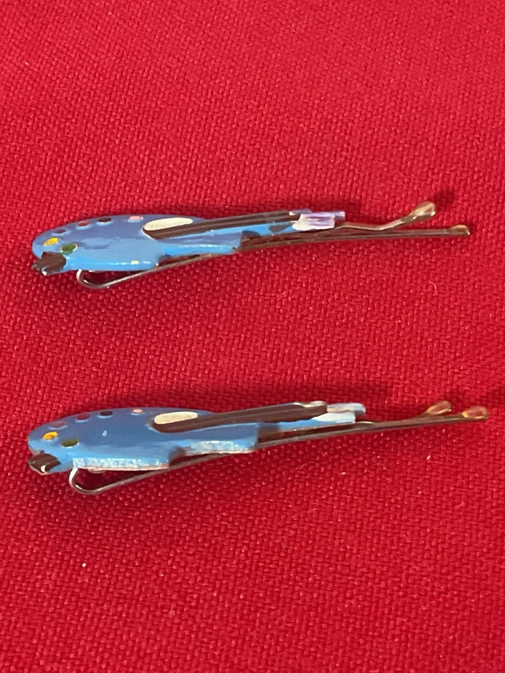Vintage Artist Paint Palette Hair Barrettes Set of 2 Blue Enamel Paintbrush Desi